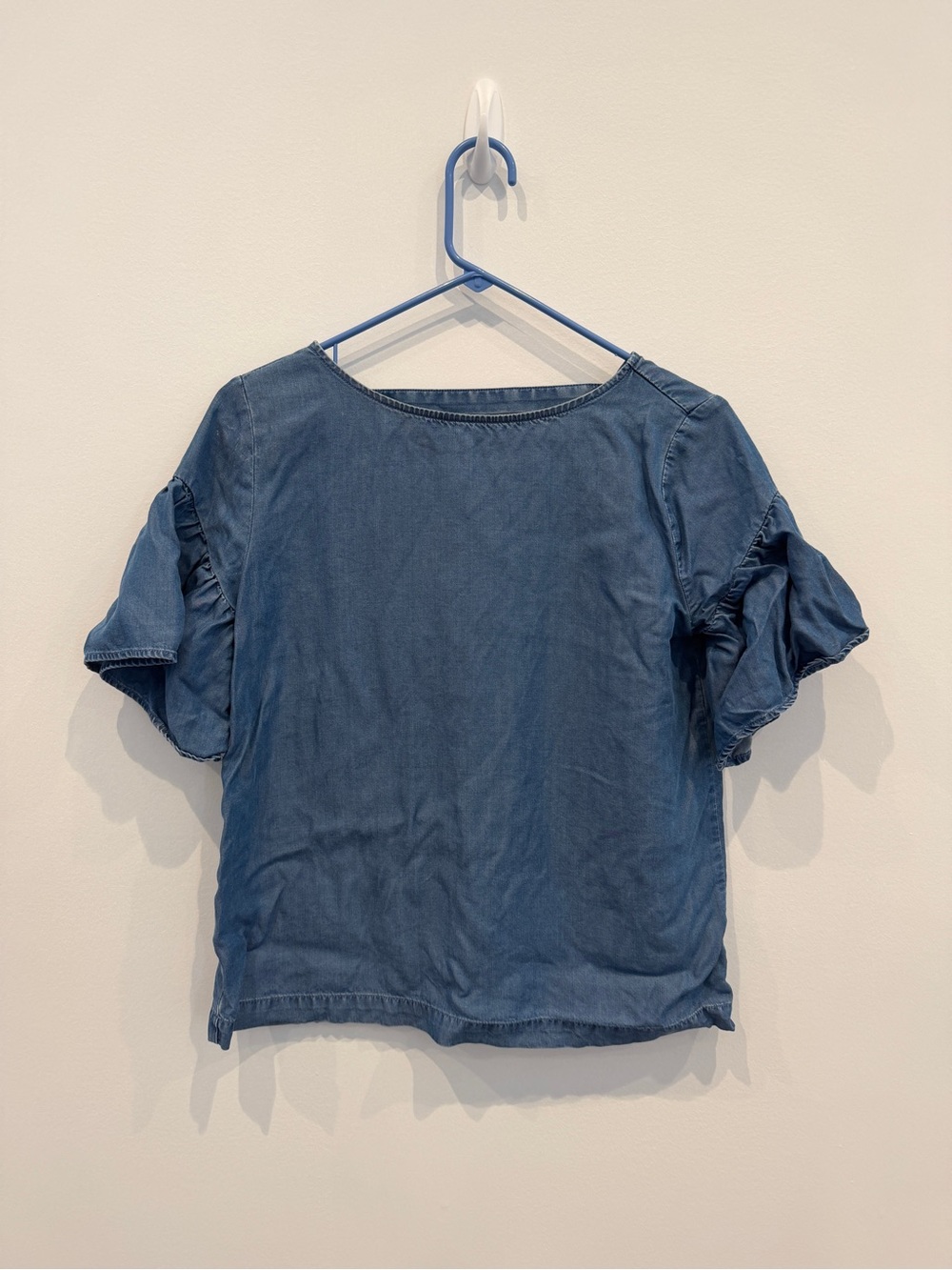 LOFT Blue Denim Short Ruffle Sleeve Top